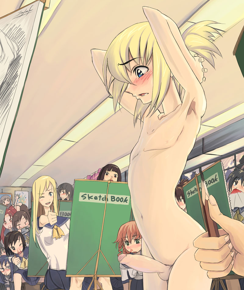 jajala, original, 6+girls, accidental erection, androgynous, armpits, arms up, art class, audience, bad anatomy, blonde hair, blood, blush, camera, classroom, clothed female nude female, clothed female nude male, embarrassed, erection, female pervert, femdom, foreskin, from below, glans, hetero, leaning, looking at penis, measuring, medium penis, midriff, model, modeling, multiple girls, nipples, nosebleed, nude, nude modeling, one eye closed, onlookers, open mouth, pencil, penis, penis awe, pervert, phimosis, photographic proof, school, school uniform, serafuku, shota, sitting, sketch, skirt, small penis, small testicles, tears, testicles, uncensored, wink, wooden pencil