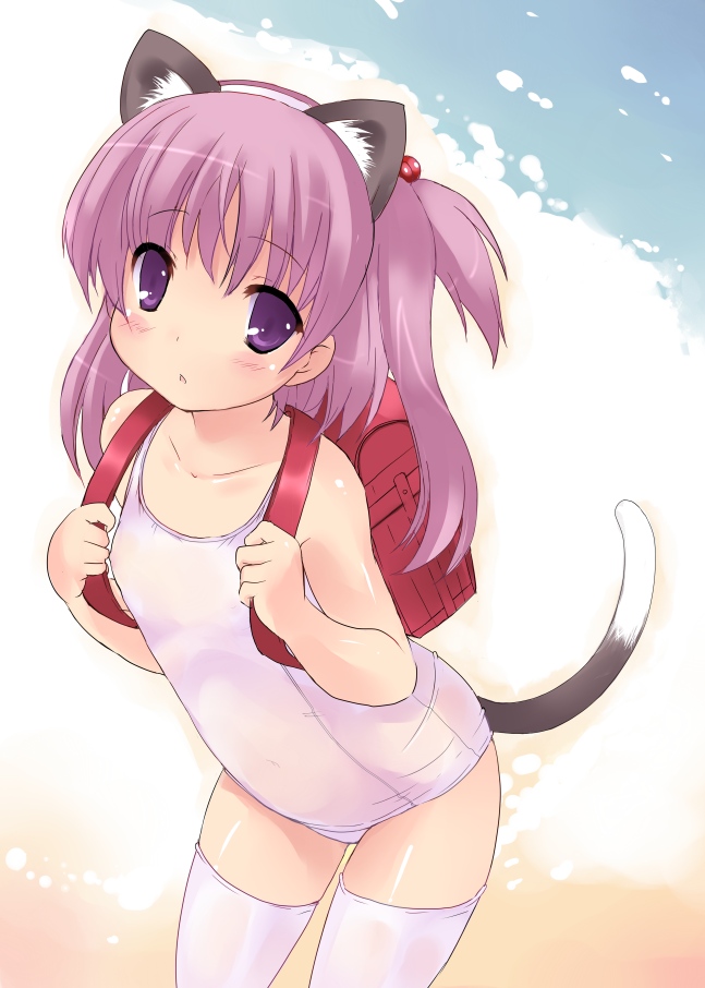 fhara, nanako, nanako (to heart 2), to heart (series), to heart 2, to heart 2 ad, 00s, 1girl, animal ears, cat ears, cat tail, female focus, one-piece swimsuit, pink hair, purple hair, school swimsuit, solo, swimsuit, tail, thighhighs, two side up, white one-piece swimsuit, white school swimsuit