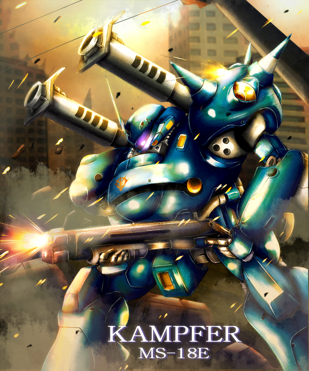 kitajima kitarou, kampfer (mobile suit), gundam, gundam 0080, highres, antennae, building, character name, city, debris, dust, firing, glowing, glowing eye, gun, holding, holding gun, holding weapon, holstered, joints, mecha, mobile suit, no pupils, one-eyed, outdoors, pink eyes, power lines, robot, robot joints, rocket launcher, science fiction, shotgun, shoulder spikes, sky, sparks, spikes, sun, weapon, zeon