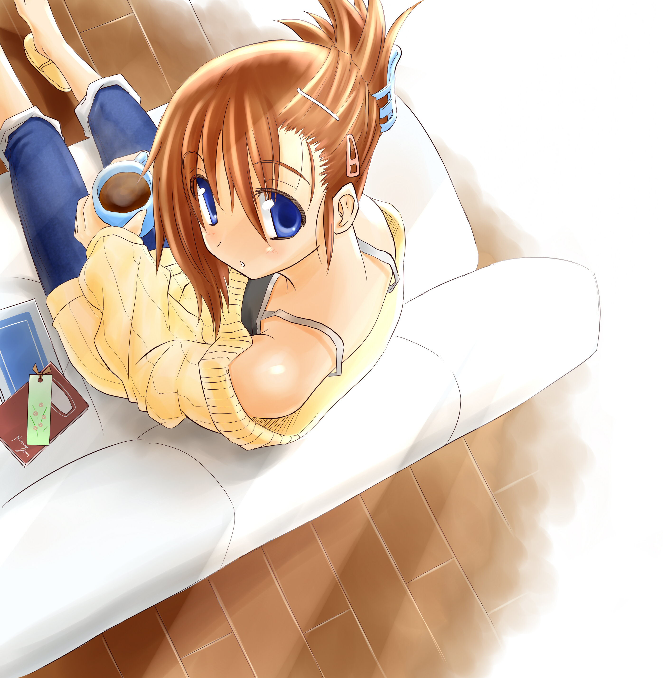 hiraga matsuri, hirasato, komaki manaka, to heart (series), to heart 2, absurdres, bad id, bad pixiv id, highres, 00s, 1girl, bare shoulders, barefoot, blue eyes, brown hair, casual, female focus, folded ponytail, hair ornament, hairclip, solo