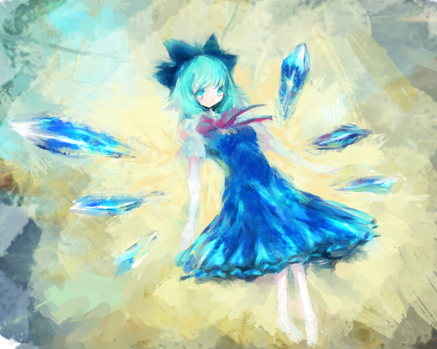 akn, cirno, embodiment of scarlet devil, touhou, bad id, bad pixiv id, 1girl, barefoot, blue eyes, blue hair, circled 9, dress, female focus, full body, gradient background, matching hair/eyes, ribbon, solo, wings