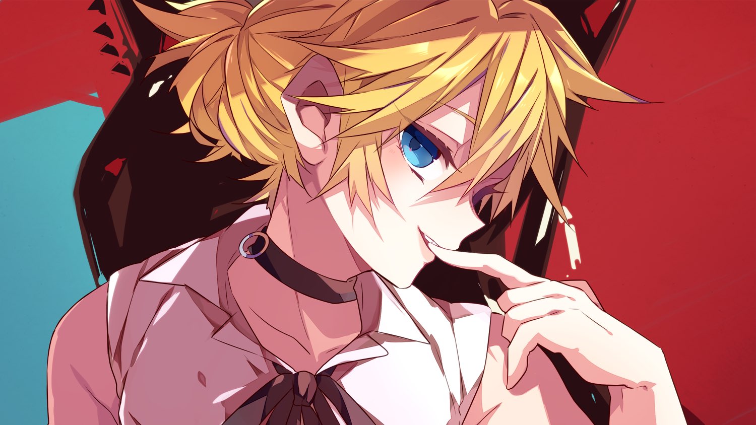 kaho 0102, kagamine len, vocaloid, commentary request, 1girl, bare shoulders, black choker, blonde hair, blue eyes, choker, collared shirt, double-parted bangs, finger to mouth, hair between eyes, hand up, looking at viewer, parted lips, portrait, profile, red background, shirt, short hair, sleeveless, sleeveless shirt, solo, white shirt