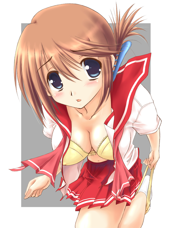 x-4kazu, komaki manaka, to heart (series), to heart 2, 00s, 1girl, blue eyes, blush, bra, breasts, brown hair, cleavage, covered erect nipples, female focus, folded ponytail, hair ornament, hairclip, leaning forward, leg lift, lingerie, open clothes, open shirt, panties, panty pull, school uniform, serafuku, shirt, short hair, skirt, socks, solo, underwear, undressing, yellow panties