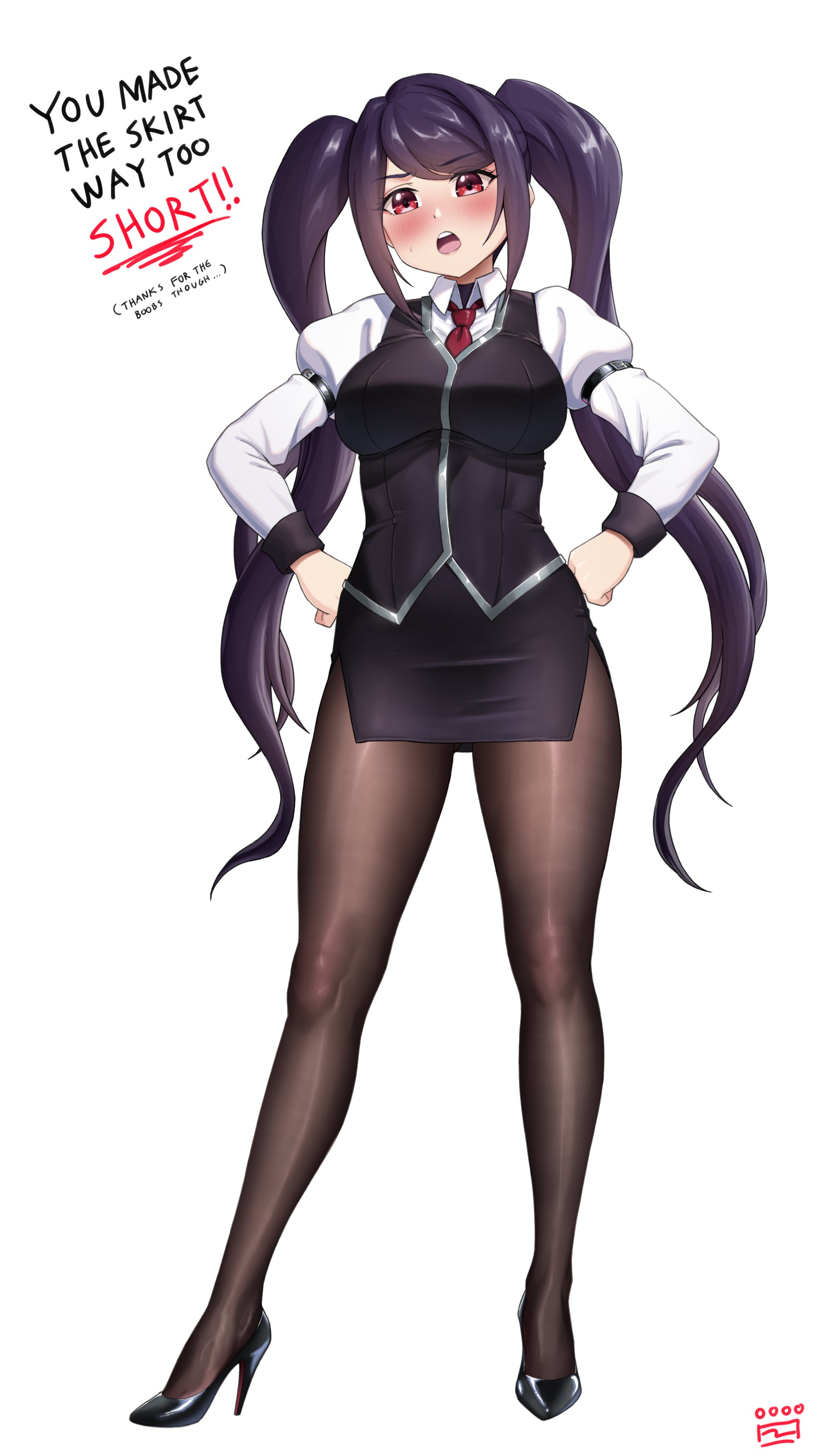 finalcake, jill stingray, va-11 hall-a, absurdres, commentary request, highres, translation request, 1girl, black pantyhose, black shoes, blush, breasts, fine fabric emphasis, full body, hands on own hips, high heels, large breasts, necktie, pantyhose, pencil skirt, puffy sleeves, purple hair, purple skirt, red eyes, red necktie, shirt, shoes, simple background, skirt, solo, twintails, vest, white background, white shirt