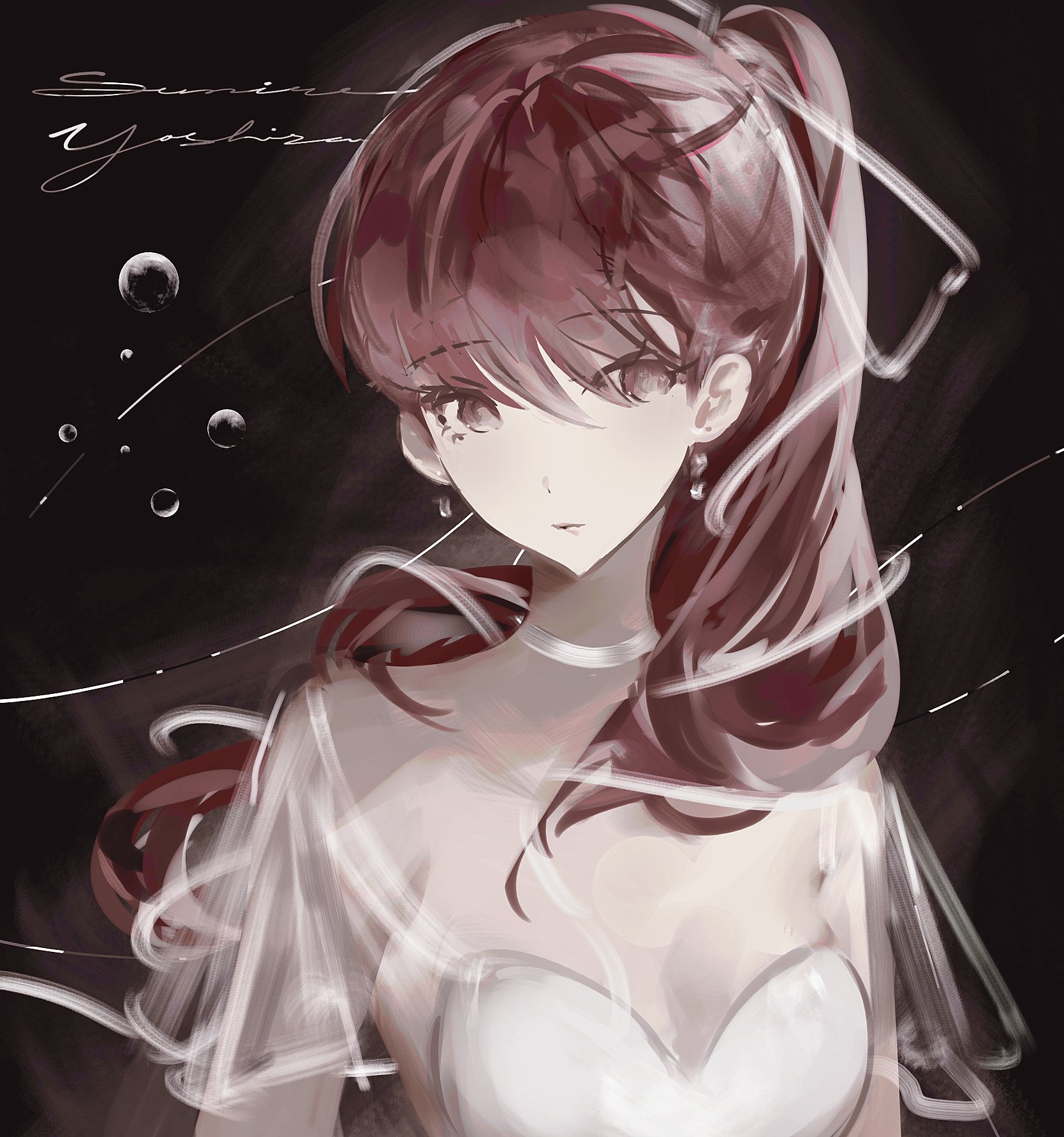 k1kiwa, yoshizawa kasumi, persona, persona 5, persona 5 the royal, commentary request, highres, 1girl, arms at sides, black background, breasts, bubble, character name, choker, closed mouth, detached sleeves, hair between eyes, hair ribbon, long hair, looking at viewer, ponytail, portrait, red eyes, red hair, ribbon, shirt, small breasts, solo, white choker, white ribbon, white shirt