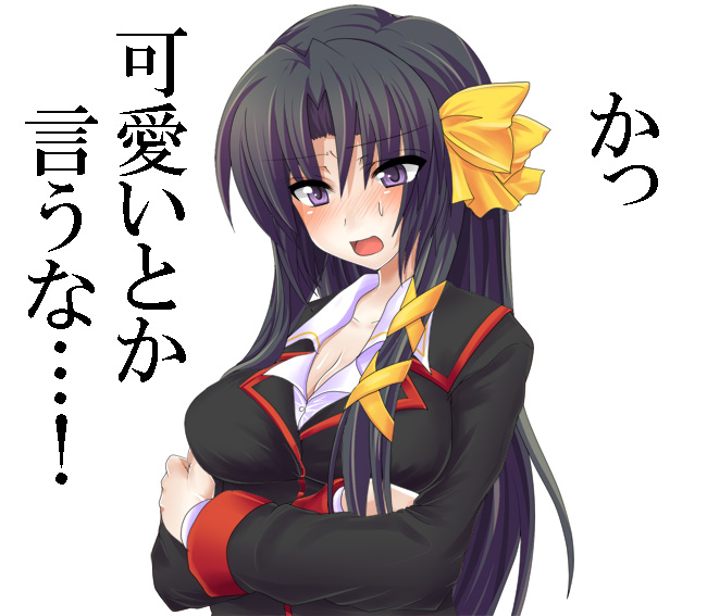 masayu, kurugaya yuiko, little busters!, 1girl, :o, black hair, blazer, blush, bow, breasts, cleavage, crossed arms, embarrassed, female focus, hair bow, hair ribbon, jacket, large breasts, long hair, looking down, open mouth, parted bangs, purple eyes, ribbon, school uniform, sidelocks, simple background, solo, upper body, very long hair