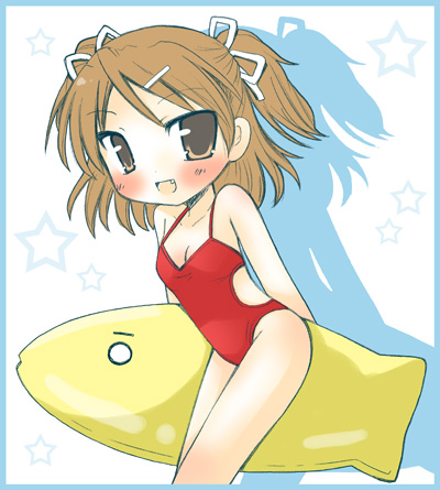 shudou rima, yotsuba (sister princess), sister princess, lowres, 00s, 1girl, blush, border, breasts, brown eyes, brown hair, cleavage, fang, female focus, fish, hair ornament, hairclip, inflatable raft, looking at viewer, one-piece swimsuit, shadow, short hair, small breasts, solo, star (symbol), swimsuit, twintails, white background