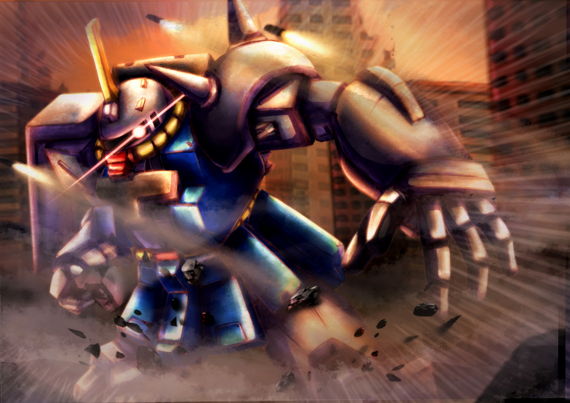 kitajima kitarou, zaku, danshi koukousei no nichijou, gundam, sunrise (company), commentary request, armor, building, city, company connection, day, dodging, glowing, glowing eye, joints, mecha, missile, mobile suit, no humans, no pupils, one-eyed, outdoors, parody, pink eyes, robot, robot joints, science fiction, shoulder armor, shoulder spikes, sky, skyscraper, solo, spikes, sunset, zaku (danshi koukousei no nichijou)