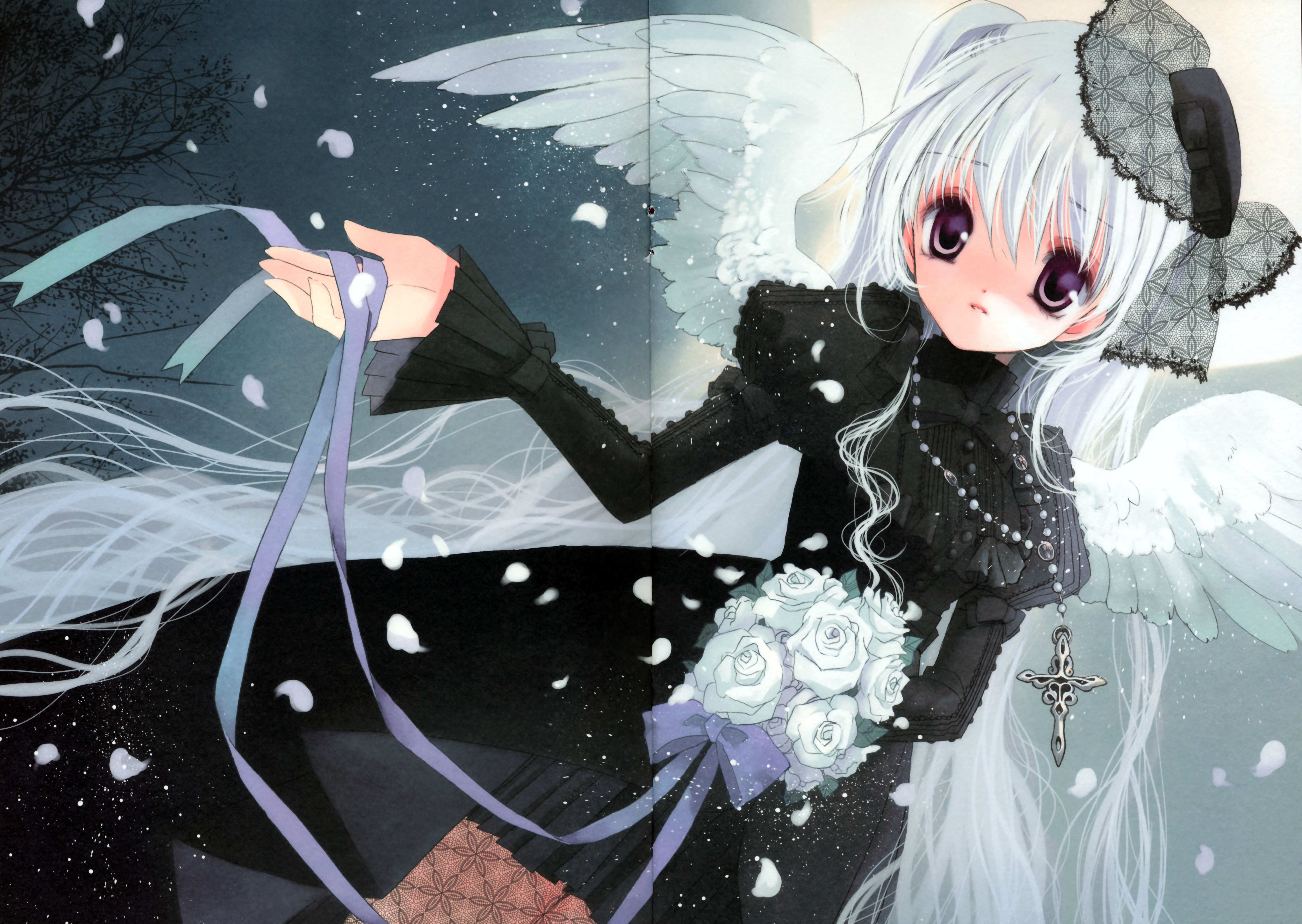 hato rami, rami, silver hair, absurdres, highres, angel wings, cross, dress, flower, hat, jewelry, long hair, necklace, purple eyes, solo, wings