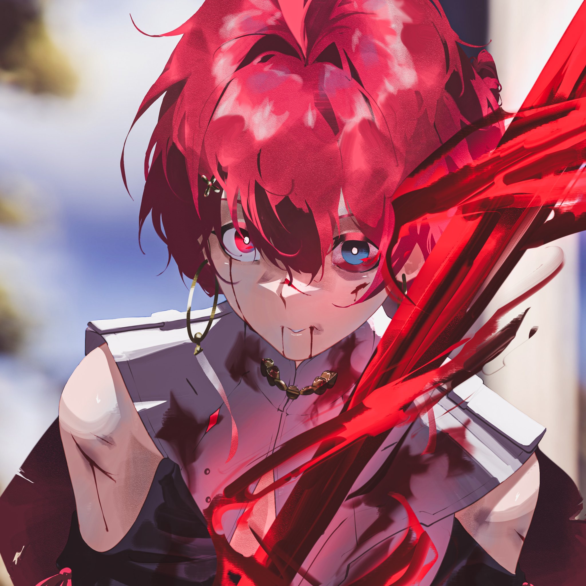 danjin (wuthering waves), wuthering waves, commentary, english commentary, highres, 1girl, blood, blood from mouth, bloody tears, blue eyes, blurry, blurry background, bright pupils, collar, cuts, earrings, heterochromia, holding, holding sword, holding weapon, hoop earrings, injury, jewelry, looking at viewer, mrsplitty, red eyes, red hair, short hair, solo, sword, weapon, white collar, white pupils