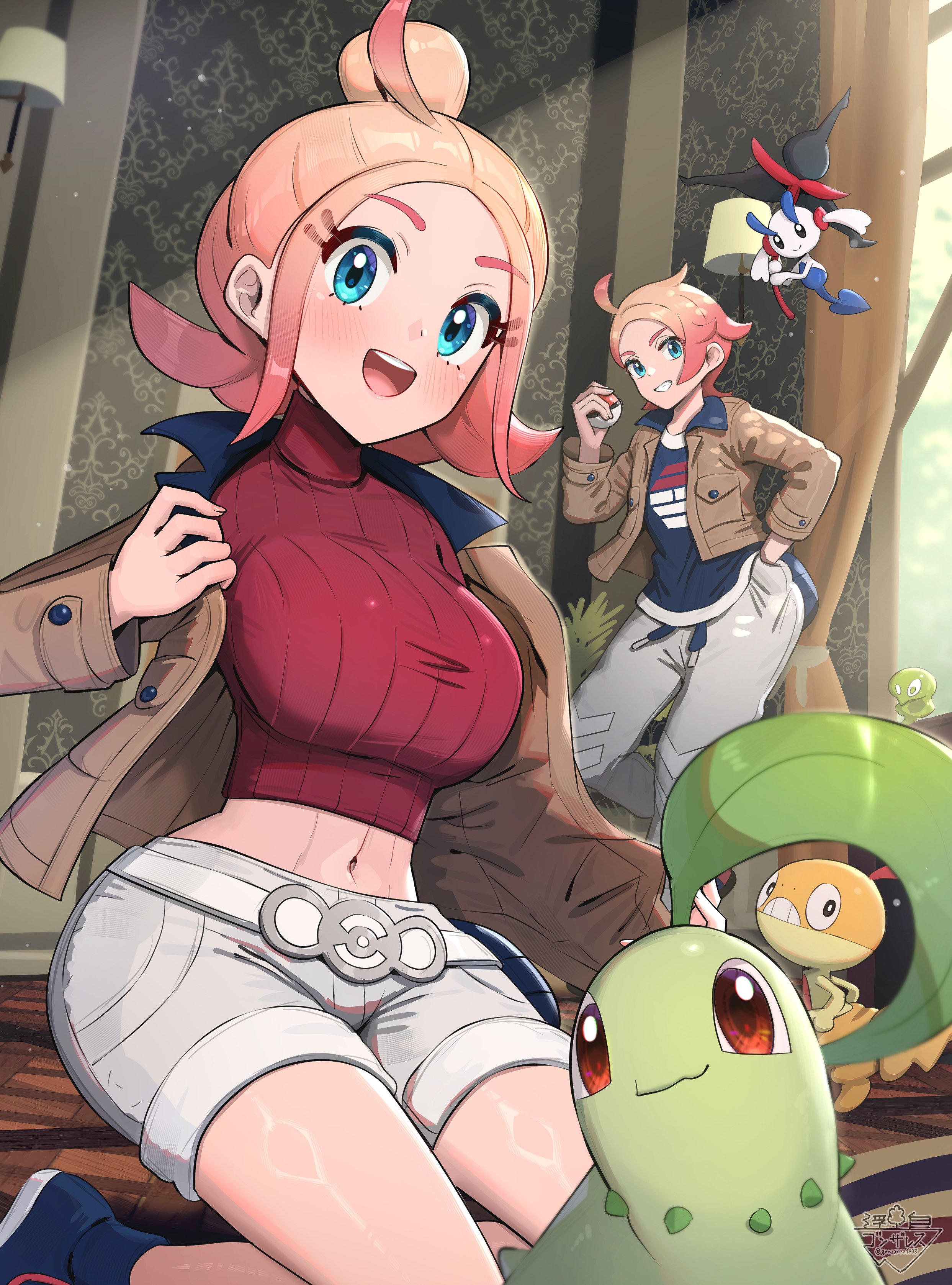 gonzarez, chikorita, floette, floette (eternal), scraggy, taunie (pokemon), urbain (pokemon), nintendo, pokemon, pokemon legends: z-a, absurdres, highres, 1boy, 1girl, ahoge, blonde hair, blue eyes, blue shirt, breasts, brown jacket, closed mouth, crop top, cropped shirt, gen 2 pokemon, gen 5 pokemon, gen 6 pokemon, gradient hair, grin, hair bun, holding, holding poke ball, jacket, large breasts, leaf, long sleeves, looking at viewer, midriff, multicolored hair, navel, open clothes, open jacket, open mouth, pants, pink hair, poke ball, poke ball (basic), red eyes, red shirt, ribbed shirt, shirt, short hair, shorts, smile, teeth, turtleneck, turtleneck shirt, white shorts