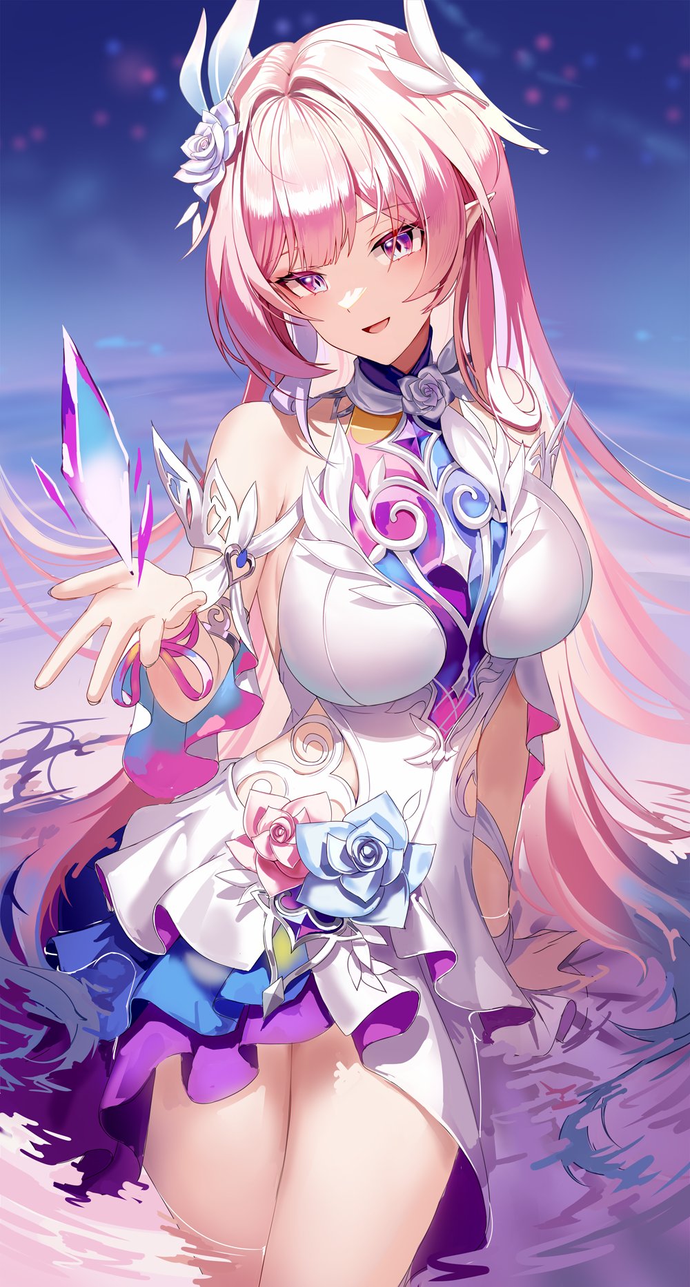silence girl, cyrene (honkai: star rail), cyrene (ripples of past reverie) (honkai: star rail), honkai: star rail, honkai (series), commentary, highres, unfinished, 1girl, bare shoulders, blurry, blurry background, breasts, crystal, dress, flower, hair flower, hair ornament, hand up, large breasts, long hair, looking at viewer, open mouth, pink hair, purple eyes, purple flower, purple rose, rose, sidelocks, sitting, smile, solo, thighs, very long hair, water, white dress