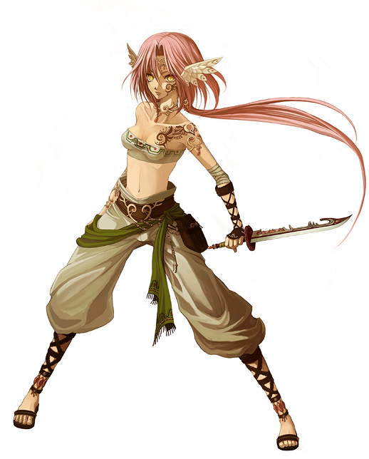 souya touki, original, 1girl, bandeau, female focus, head wings, knife, pink hair, ponytail, sandals, solo, strapless, tattoo, tube top, weapon, wing ears, wings, yellow eyes