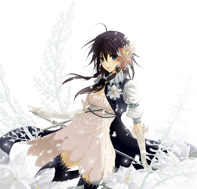 souya touki, original, 1girl, black hair, blue eyes, female focus, flower, gloves, hair ornament, rapier, solo, sword, thighhighs, weapon, zettai ryouiki