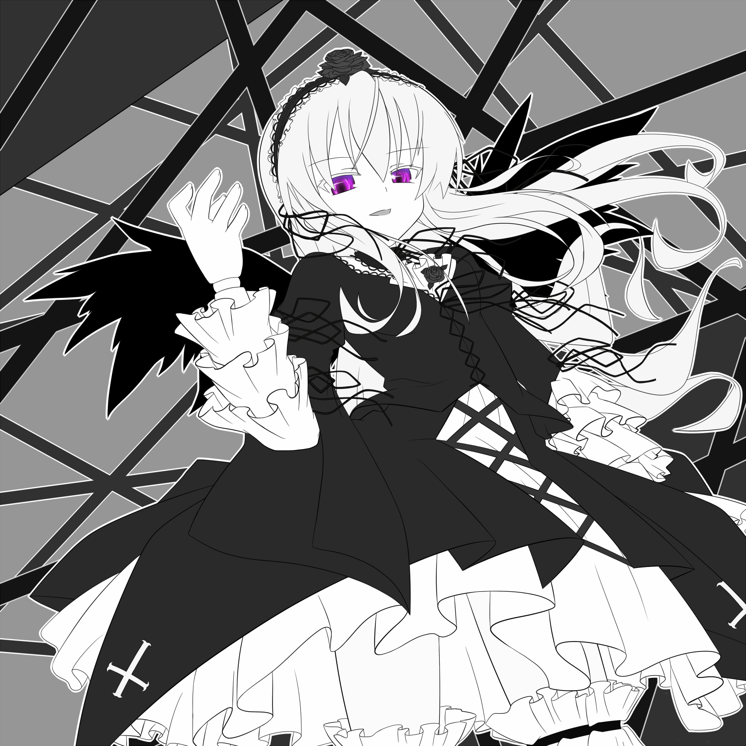 sugu maigo ninaru umumu, umumu (pilcre), suigintou, rozen maiden, silver hair, bad id, bad pixiv id, highres, 00s, 1girl, doll, doll joints, female focus, hairband, joints, purple eyes, solo, wings