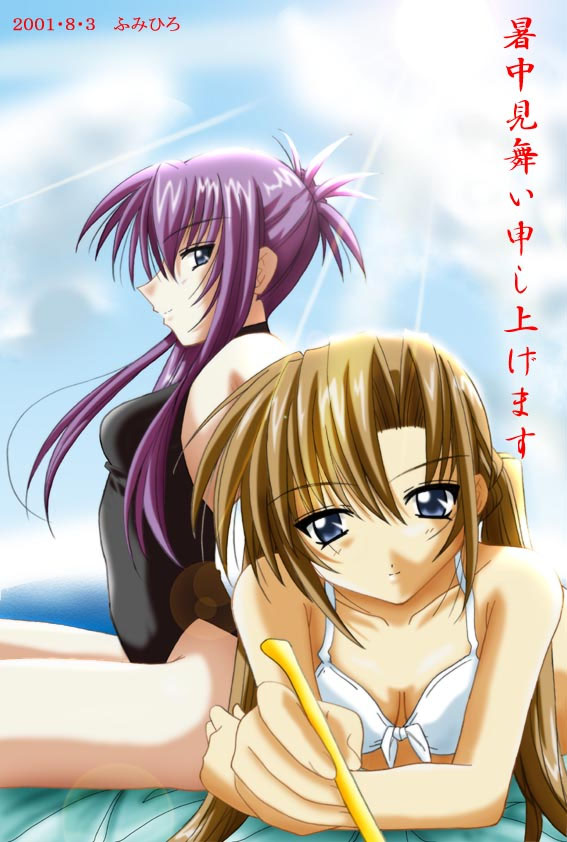 chikage (sister princess), sakuya (sister princess), sister princess, 00s, 2girls, beach, bikini, blue eyes, brown hair, day, long hair, multiple girls, outdoors, purple hair, swimsuit, twintails