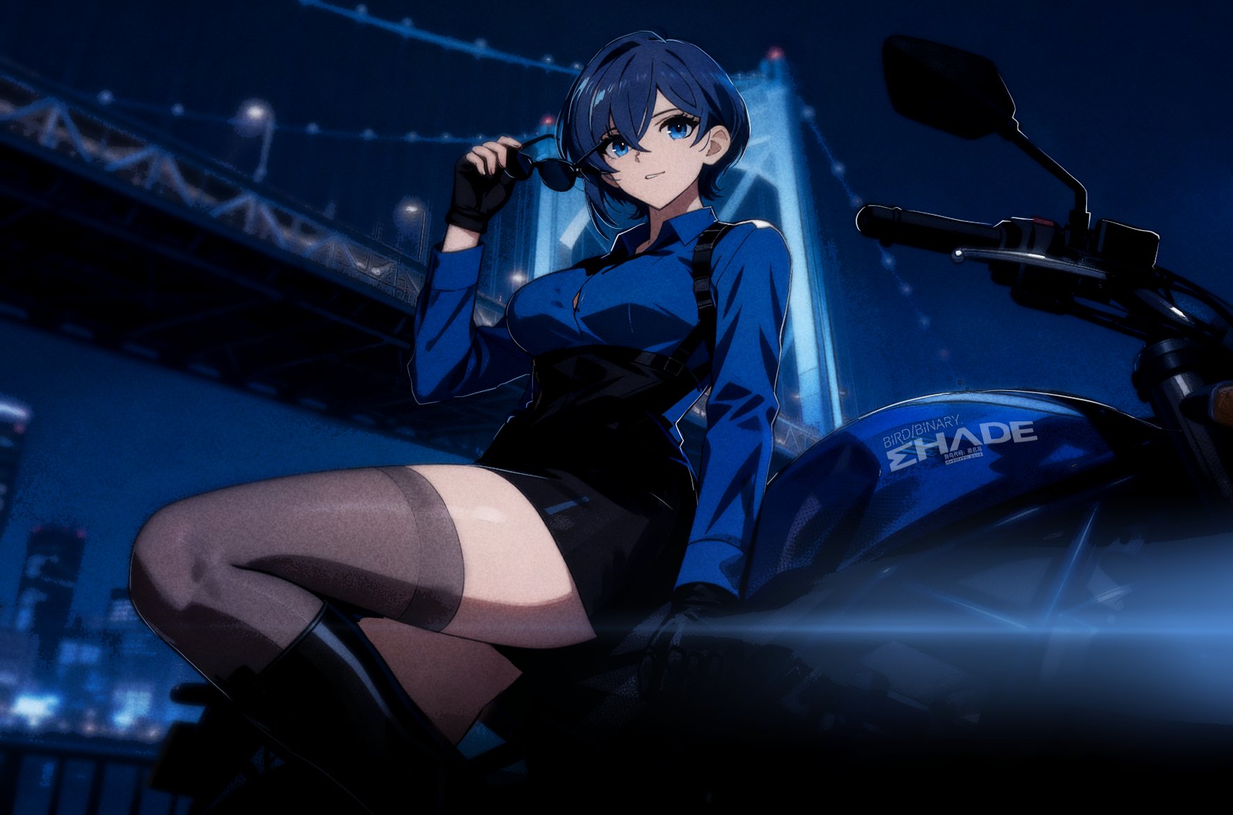 las91214, ciel (bird/binary), bird/binary, commentary, highres, 1girl, black boots, black gloves, black skirt, blue eyes, blue hair, blue shirt, boots, breasts, bridge, city, collared shirt, copyright name, feet out of frame, fingerless gloves, gloves, grey thighhighs, hand up, holding, holding removed eyewear, knee boots, large breasts, miniskirt, motor vehicle, motorcycle, night, on motorcycle, outdoors, parted lips, pencil skirt, shirt, short hair, skirt, solo, sunglasses, thighhighs, thighs, unworn eyewear