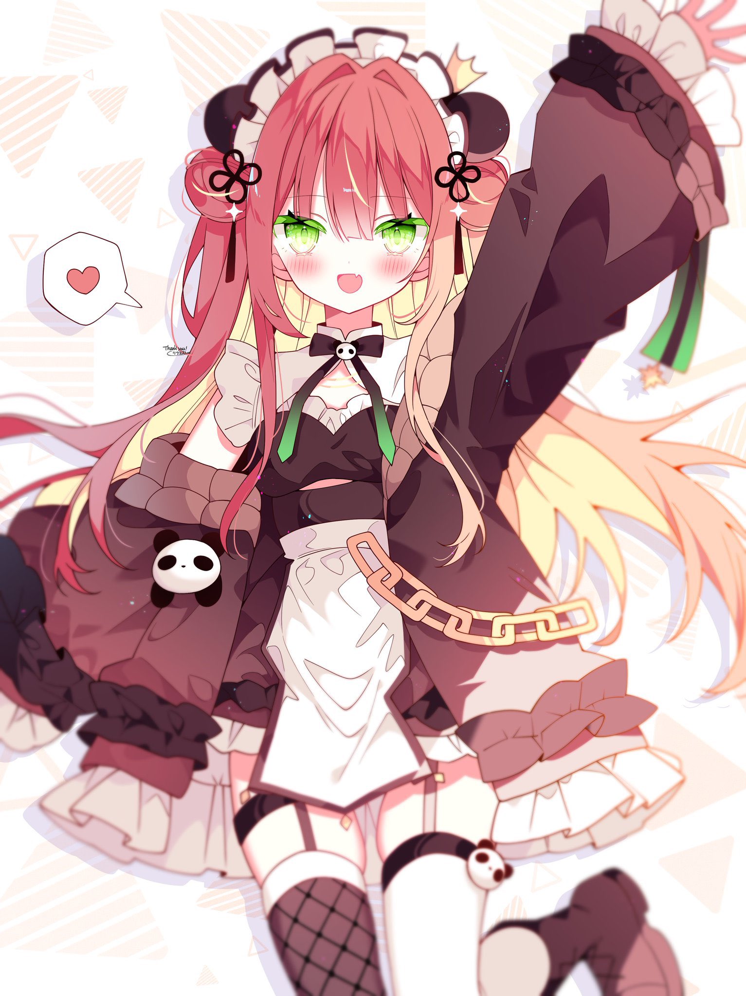 suisei 1121, original, commentary request, highres, 1girl, blonde hair, blush, chain, colored inner hair, double bun, dress, fang, garter straps, green eyes, hair bun, heart, jacket, long hair, looking at viewer, maid headdress, multicolored hair, open mouth, panda, red hair, smile, solo, spoken heart, thighhighs, virtual youtuber