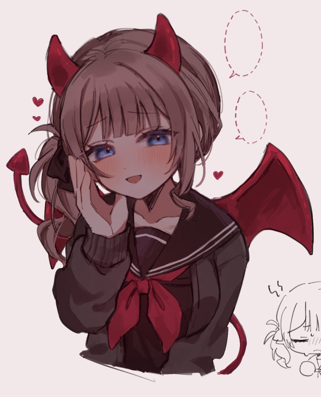 mu ri003, mochizuki honami, project sekai, commentary, highres, 1girl, :d, blue eyes, blush, brown cardigan, brown hair, cardigan, chibi, demon girl, demon horns, demon tail, demon wings, dot nose, hand on own face, heart, horns, long hair, looking at viewer, low side ponytail, neckerchief, open mouth, red neckerchief, simple background, smile, solo, sweat, tail, white background, wings