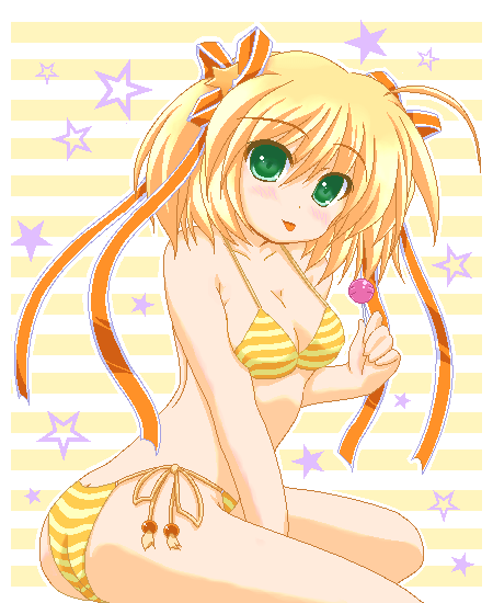 marimo (artist), kamikita komari, little busters!, 1girl, :p, bikini, blonde hair, blush, candy, female focus, food, green eyes, lollipop, looking at viewer, oekaki, side-tie bikini bottom, solo, striped bikini, striped clothes, swimsuit, tongue, tongue out, yellow bikini