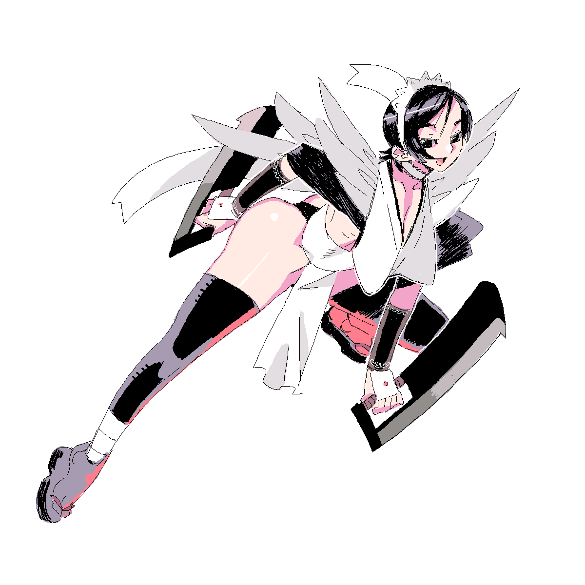 meisamu, iroha (samurai spirits), samurai spirits, bad id, bad pixiv id, highres, 1girl, black hair, black thighhighs, breasts, butterfly swords, female focus, full body, holding, holding weapon, leotard, leotard under clothes, looking to the side, maid, maid headdress, oekaki, sandals, shiny skin, short hair, smile, solo, sword, thighhighs, weapon, wide hips