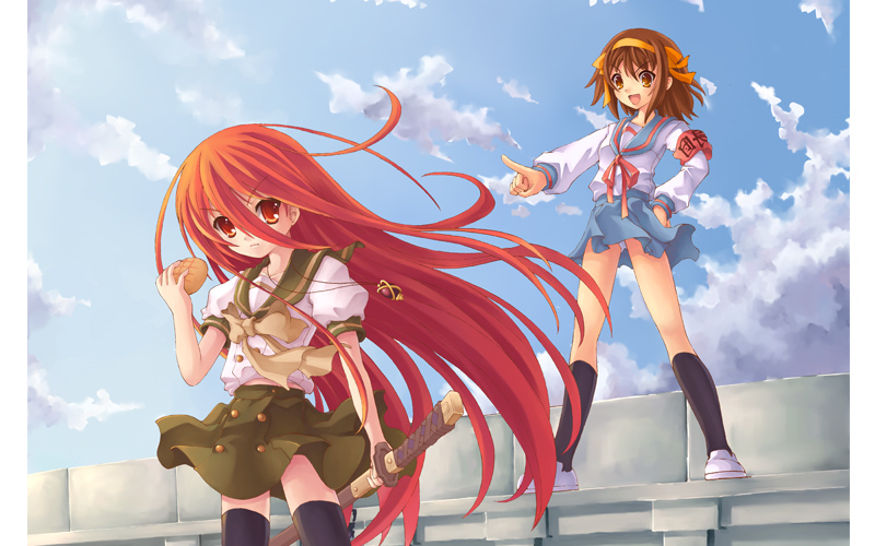jak, alastor (shakugan no shana), shana, suzumiya haruhi, shakugan no shana, suzumiya haruhi no yuuutsu, 00s, 2girls, bread, brown eyes, brown hair, crossover, food, hairband, jewelry, long hair, melon bread, multiple girls, panties, pantyshot, pendant, pointing, red eyes, red hair, school uniform, serafuku, sheath, sheathed, short hair, sword, thighhighs, underwear, weapon