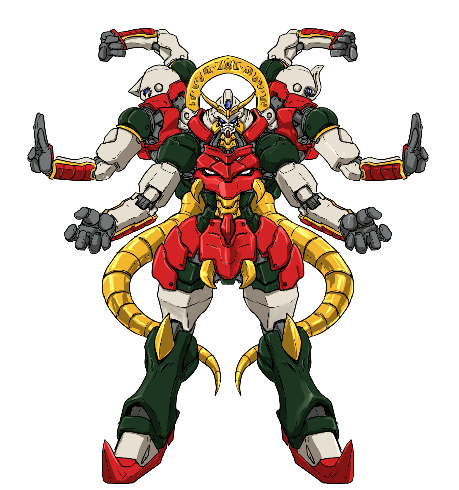 ledjoker07, g gundam, gundam, commentary request, highres, alternate form, armor, armored skirt, ashura gundam, blue eyes, extra arms, extra eyes, fighting stance, full body, joints, looking at viewer, mecha, mobile suit, multiple heads, no humans, no pupils, robot, robot joints, science fiction, simple background, solo, spiked feet, standing, v-fin, vambraces, white background