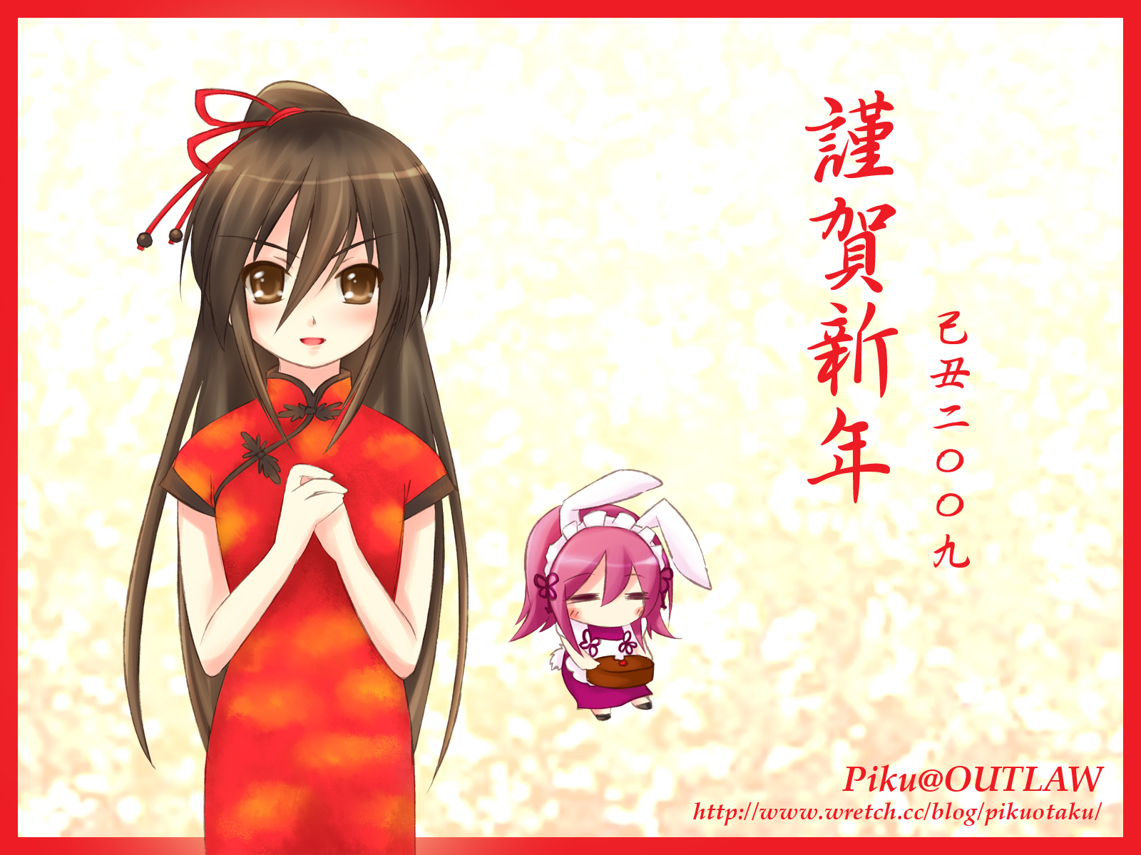 piku, shana, wilhelmina carmel, shakugan no shana, highres, 00s, 2009, 2girls, animal ears, border, brown eyes, chibi, china dress, chinese clothes, chinese new year, dress, long hair, multiple girls, new year, ponytail, rabbit ears, red border