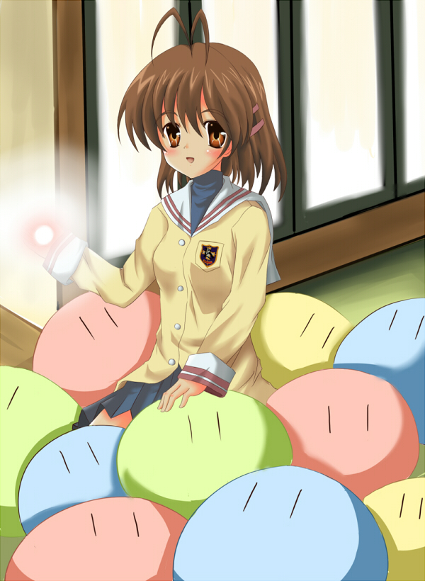 skyqidog, furukawa nagisa, clannad, dango daikazoku, bad id, bad pixiv id, 00s, antenna hair, brown eyes, brown hair, dango, food, school uniform, short hair, solo, sparkle, wagashi
