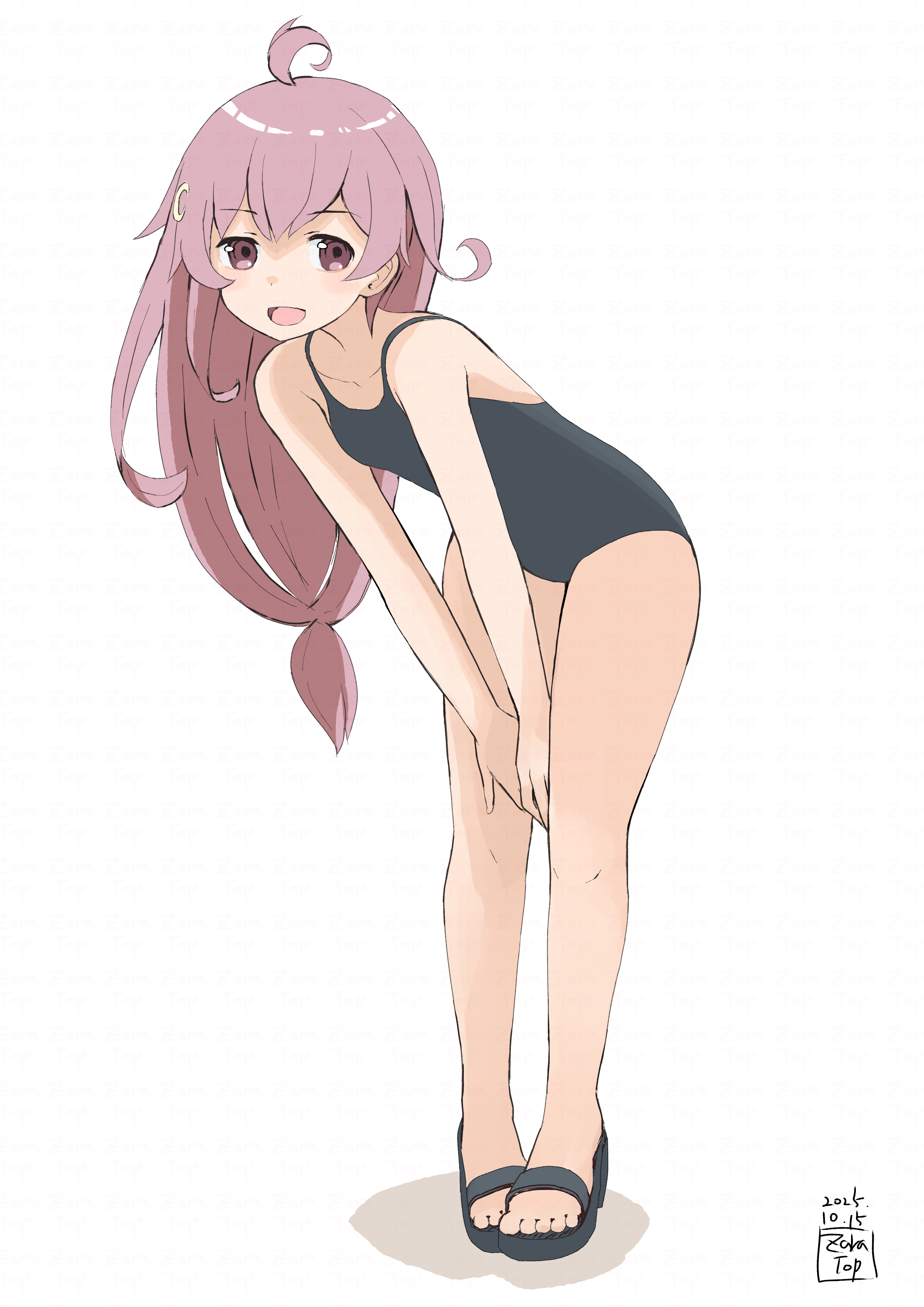 toplow, uzuki (kancolle), kantai collection, absurdres, highres, 1girl, ahoge, black one-piece swimsuit, casual one-piece swimsuit, full body, hands on own thighs, long hair, low-tied long hair, one-hour drawing challenge, one-piece swimsuit, pink hair, red eyes, sandals, simple background, solo, swimsuit, white background