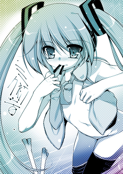 akahito, hatsune miku, vocaloid, 1girl, female focus, open clothes, open shirt, shirt, solo, thighhighs, twintails