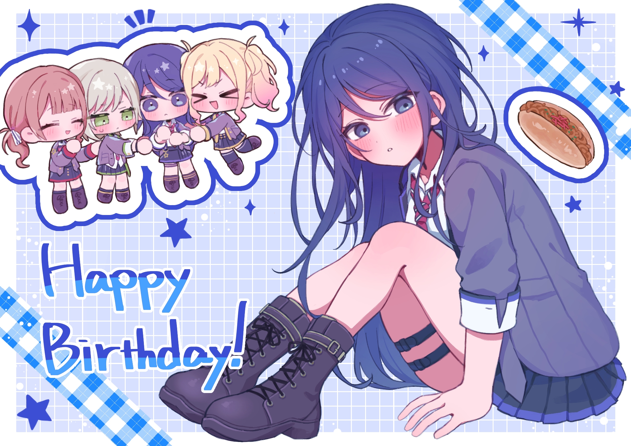 mu ri003, hinomori shiho, hoshino ichika (project sekai), mochizuki honami, tenma saki, project sekai, commentary, highres, > <, 4girls, :d, alternate hair color, blonde hair, blue background, blue eyes, blue hair, blush, boots, brown hair, chibi, chibi inset, diagonal-striped clothes, diagonal-striped necktie, gradient hair, green eyes, grey hair, grey jacket, grid background, happy birthday, jacket, leo/need (project sekai), long hair, looking at viewer, low side ponytail, multicolored hair, multiple girls, necktie, notice lines, open mouth, pink hair, pleated skirt, short hair, skirt, smile, star (symbol), striped clothes, sweatdrop, thigh strap, twintails, yakisobapan