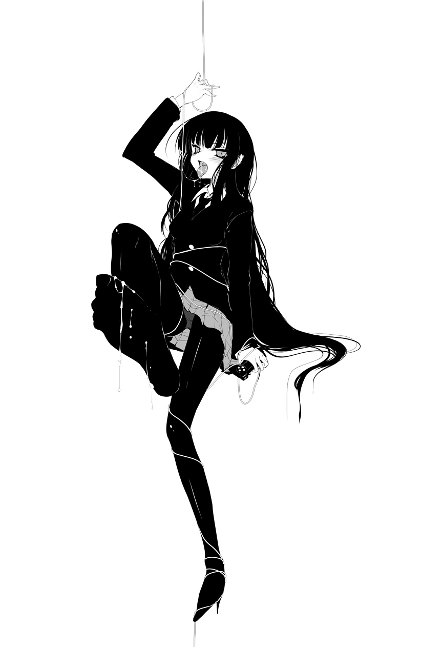 akahito, female protagonist (houkago play), houkago play, highres, 1girl, black pantyhose, controller, cum, feet, female focus, game controller, gamepad, greyscale, high heels, holding, long hair, monochrome, panties, panties under pantyhose, pantyhose, school uniform, shoes, solo, underwear, upskirt, very long hair