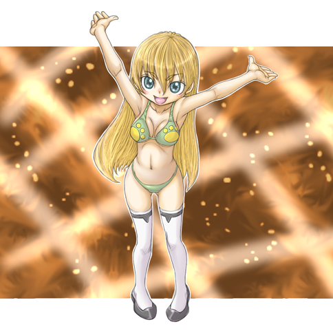 kyouchi, lowres, armpits, arms up, bikini, blonde hair, green eyes, long hair, solo, swimsuit, thighhighs