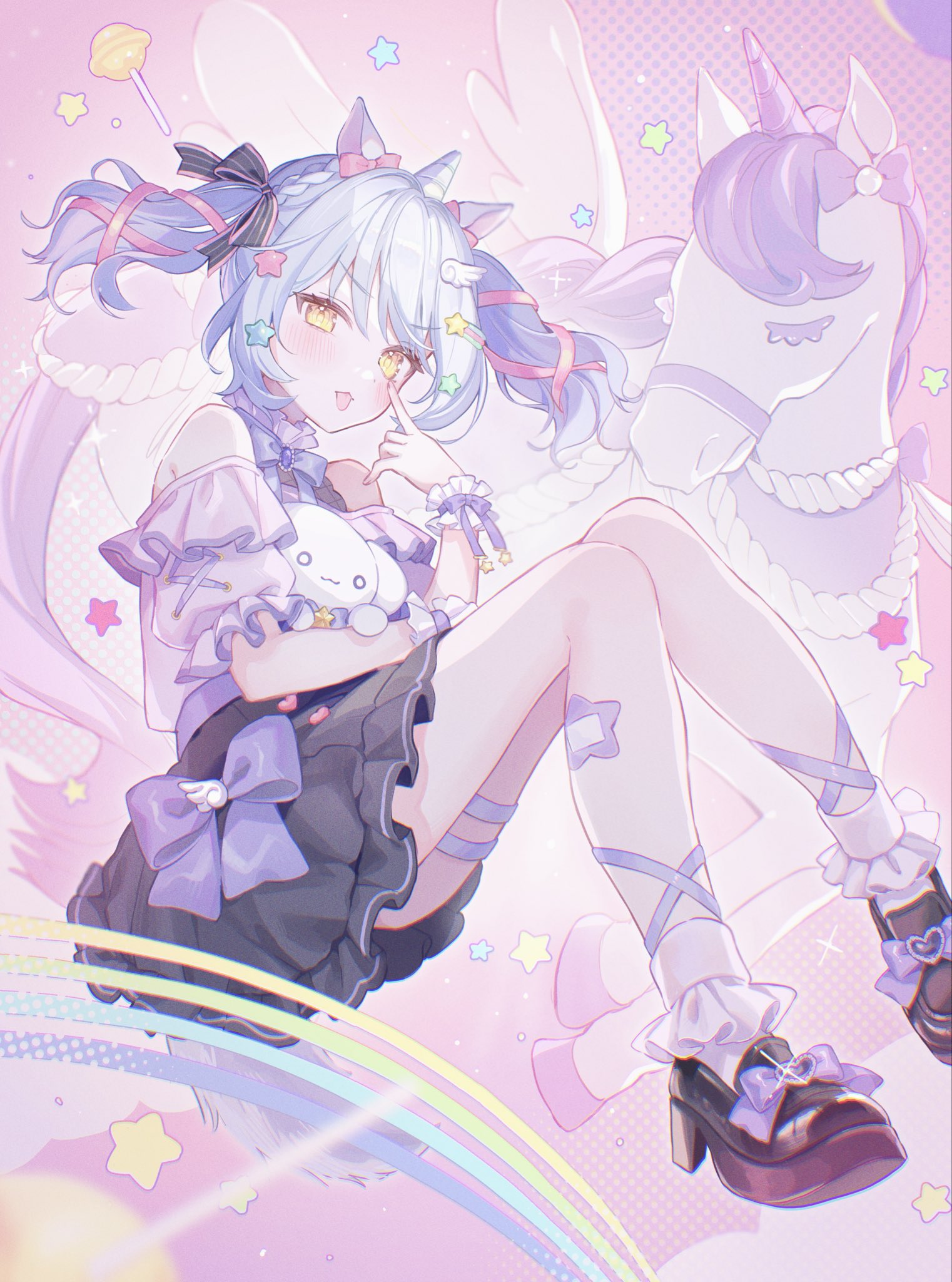 ban (one ban7241), inuyama tamaki, noripro, highres, 1girl, akanbe, animal ears, black skirt, blue hair, blush, bow, eyelid pull, hair ornament, looking at viewer, purple bow, ribbon, shirt, shoes, skirt, socks, solo, star (symbol), tongue, tongue out, twintails, unicorn, virtual youtuber, white socks, wing hair ornament, wrist cuffs, yellow eyes