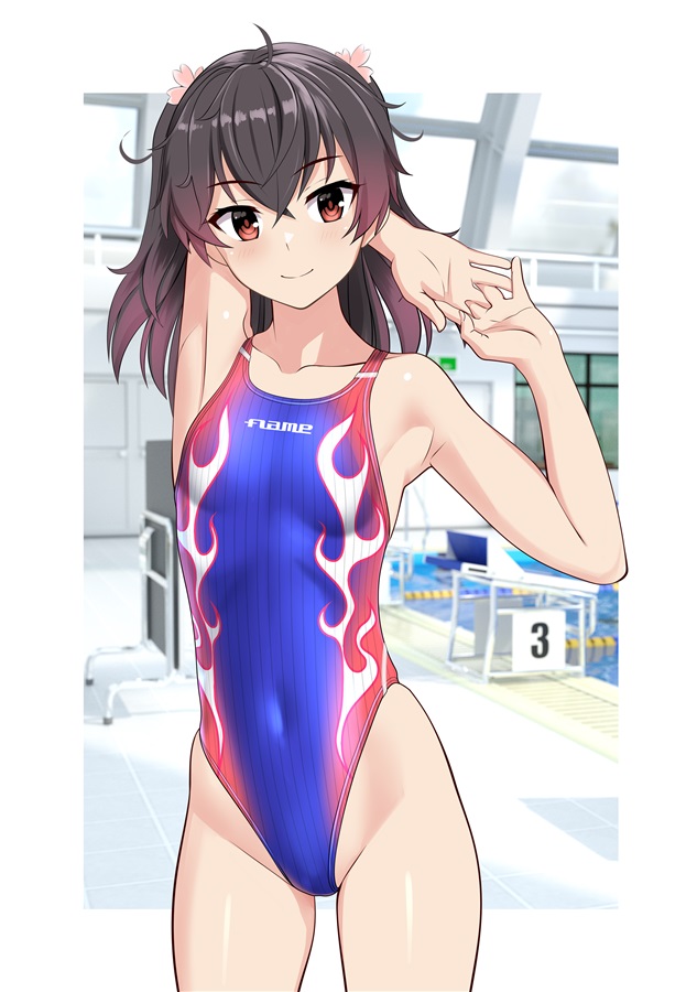 takafumi, asakura mihono, toji no miko, toji no miko: kizamishi issen no tomoshibi, 1girl, arm behind head, black hair, blue one-piece swimsuit, breasts, clothes writing, competition swimsuit, covered navel, cow, glass ceiling, gradient hair, highleg, highleg one-piece swimsuit, indoors, medium breasts, multicolored hair, one-piece swimsuit, red eyes, small breasts, smile, solo, starting block, stretching, swimsuit, two side up