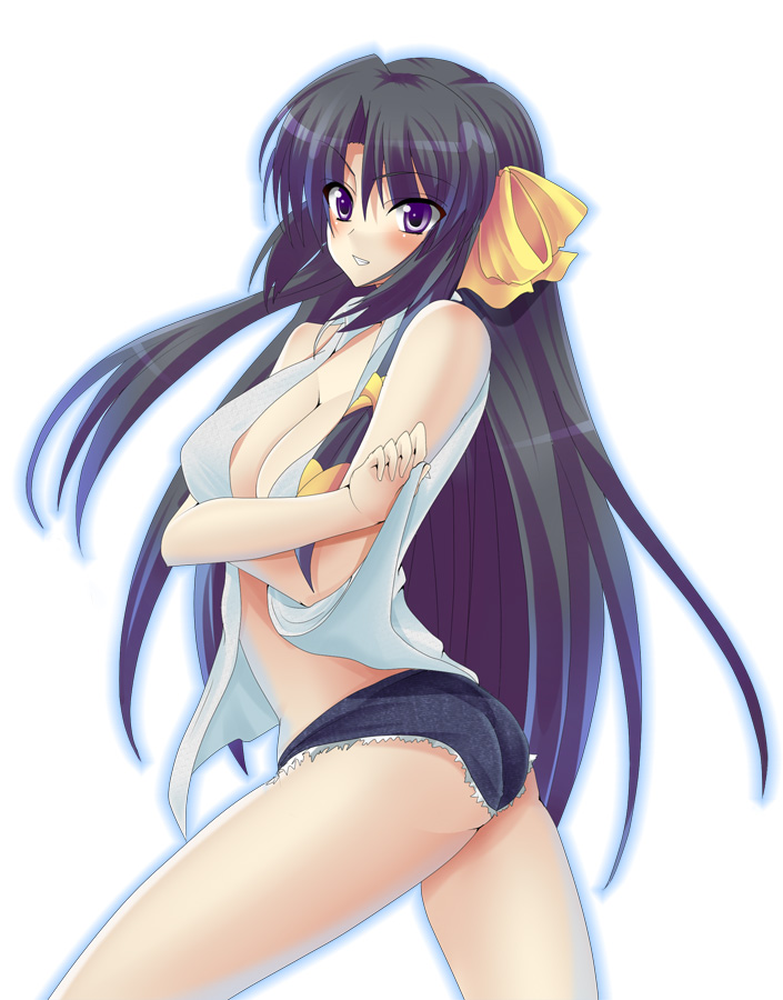 masayu, kurugaya yuiko, little busters!, 1girl, ass, breasts, cleavage, cutoffs, denim, denim shorts, female focus, flat ass, hair ribbon, large breasts, long hair, ribbon, short shorts, shorts, solo, very long hair