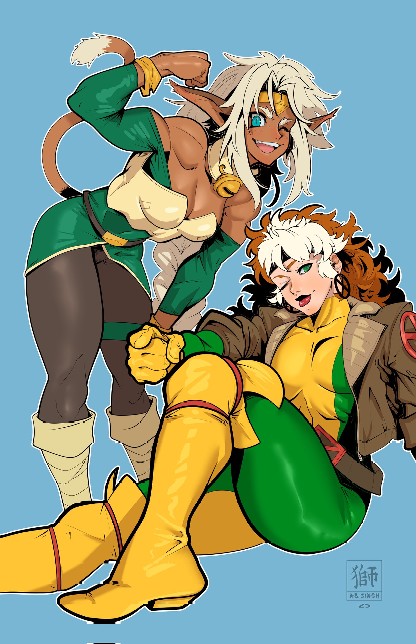a.b.singh, aisha clanclan, rogue (x-men), marvel, outlaw star, x-men, highres, 2girls, animal ears, bell, blue eyes, bodysuit, boots, braid, brown pantyhose, cat ears, colored bangs, dark-skinned female, dark skin, earrings, green bodysuit, green eyes, headband, jacket, jewelry, leather, leather jacket, leotard, multicolored bodysuit, multiple girls, muscular, muscular female, neck bell, pantyhose, single braid, tail, white hair, yellow bodysuit, yellow boots