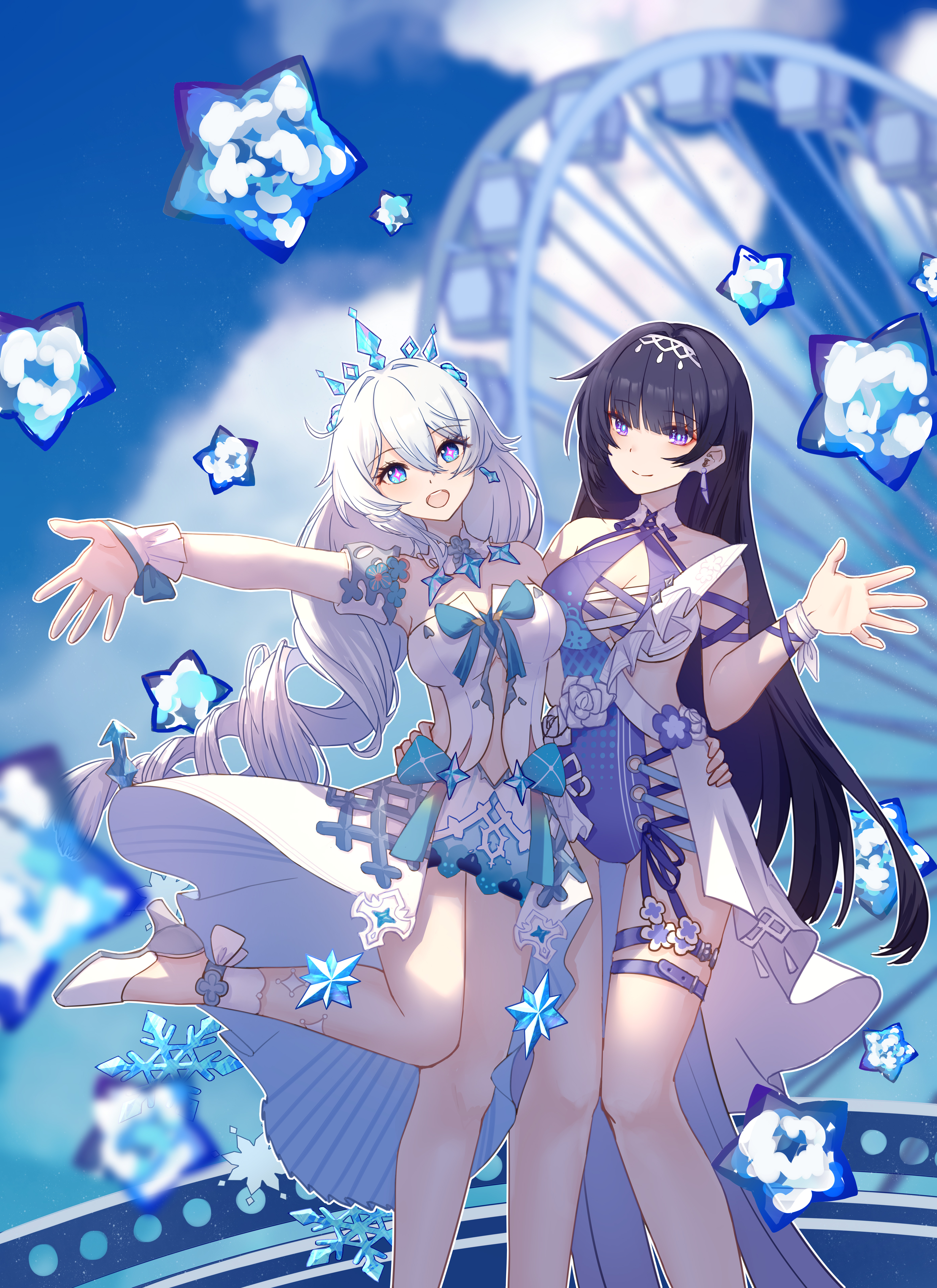 yichuanxue, kiana kaslana, kiana kaslana (ba-dum! fiery wishing star), raiden mei, raiden mei (crooning tides), raiden mei (herrscher of origin), honkai (series), honkai impact 3rd, absurdres, commentary, highres, 2girls, ahoge, bare shoulders, blue hair, breasts, criss-cross halter, diamond (shape), dress, drill hair, earrings, ferris wheel, floral print, halterneck, high heels, jewelry, large breasts, long hair, looking at viewer, multiple girls, official alternate costume, one-piece swimsuit, purple hair, ribbon, single earring, snowflakes, star (symbol), swimsuit, symbol-shaped pupils, thigh strap, tiara, very long hair, white hair, yuri