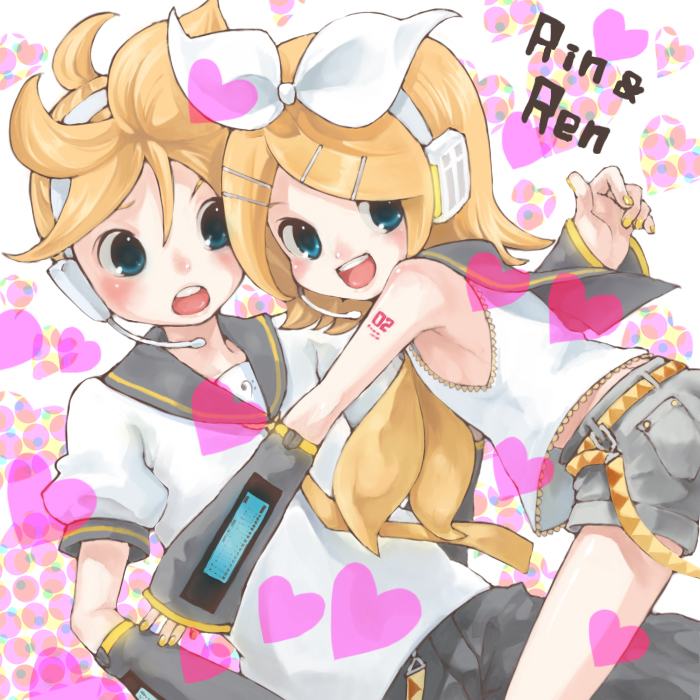 kumatani, kagamine len, kagamine rin, vocaloid, bad id, bad pixiv id, 1boy, 1girl, armpits, blonde hair, blue eyes, blush, brother and sister, child, hair ornament, hair ribbon, hairclip, heart, ribbon, short hair, shorts, siblings, sleeveless, twins