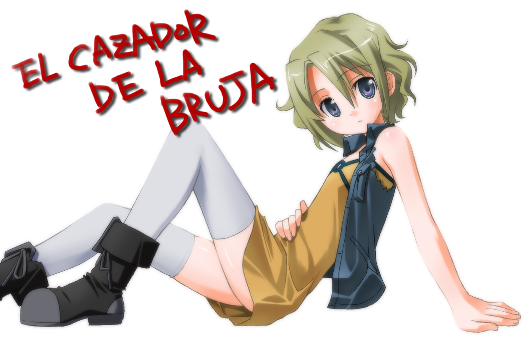 umekichi, ellis, ellis (el cazador de la bruja), el cazador de la bruja, bad id, bad pixiv id, 00s, 1girl, blonde hair, blue eyes, blush, boots, female focus, flat chest, green hair, hip focus, looking at viewer, lying, short hair, sitting, skirt, solo, thighhighs, white thighhighs, zettai ryouiki