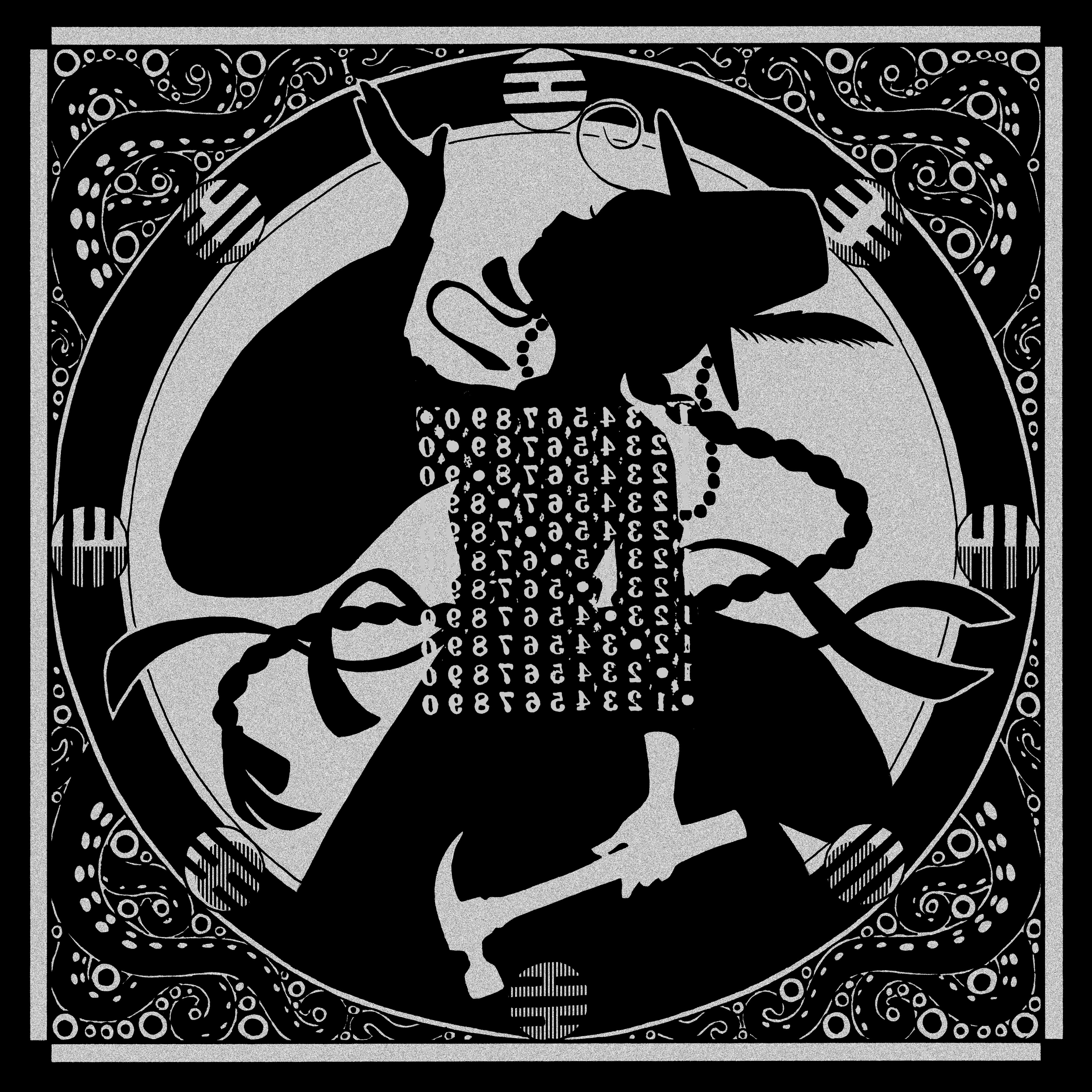 shi (yotsuhaka), original, absurdres, commentary request, highres, 1girl, album cover, arm up, braid, cover, hammer, hat, holding, holding hammer, korean clothes, long hair, monochrome, silhouette, solo, tentacles, very long hair