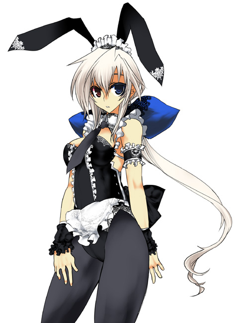 aoguu, itai, futaba channel, nijiura maids, bad id, bad pixiv id, animal ears, heterochromia, long hair, maid, necktie, pantyhose, ponytail, rabbit ears, solo, white hair