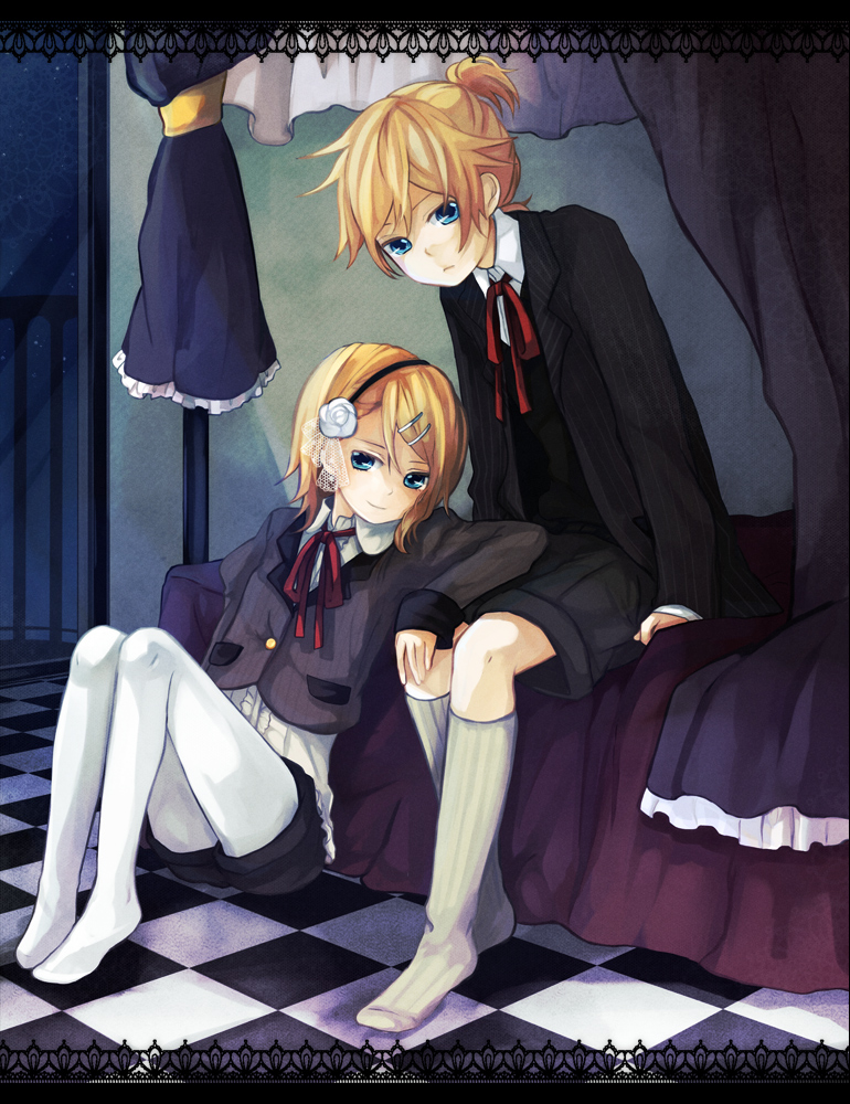 tama (songe), kagamine len, kagamine rin, vocaloid, 1boy, 1girl, bed, bedroom, blonde hair, blue eyes, brother and sister, formal clothes, hair ornament, hairclip, indoors, kneehighs, pantyhose, short hair, siblings, sitting, smile, socks, striped clothes, striped pantyhose, striped socks, suit, twins, vertical-striped clothes, vertical-striped socks, white pantyhose, white socks