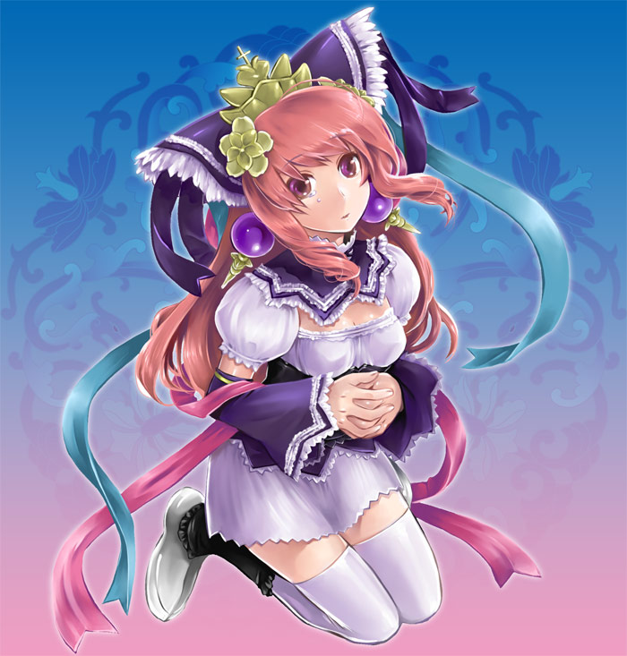 rakuto mangan, xiao qiao, sangokushi taisen, bad id, bad pixiv id, detached sleeves, hair ornament, kneeling, long hair, pink hair, purple eyes, skirt, tears, thighhighs, white thighhighs, zettai ryouiki