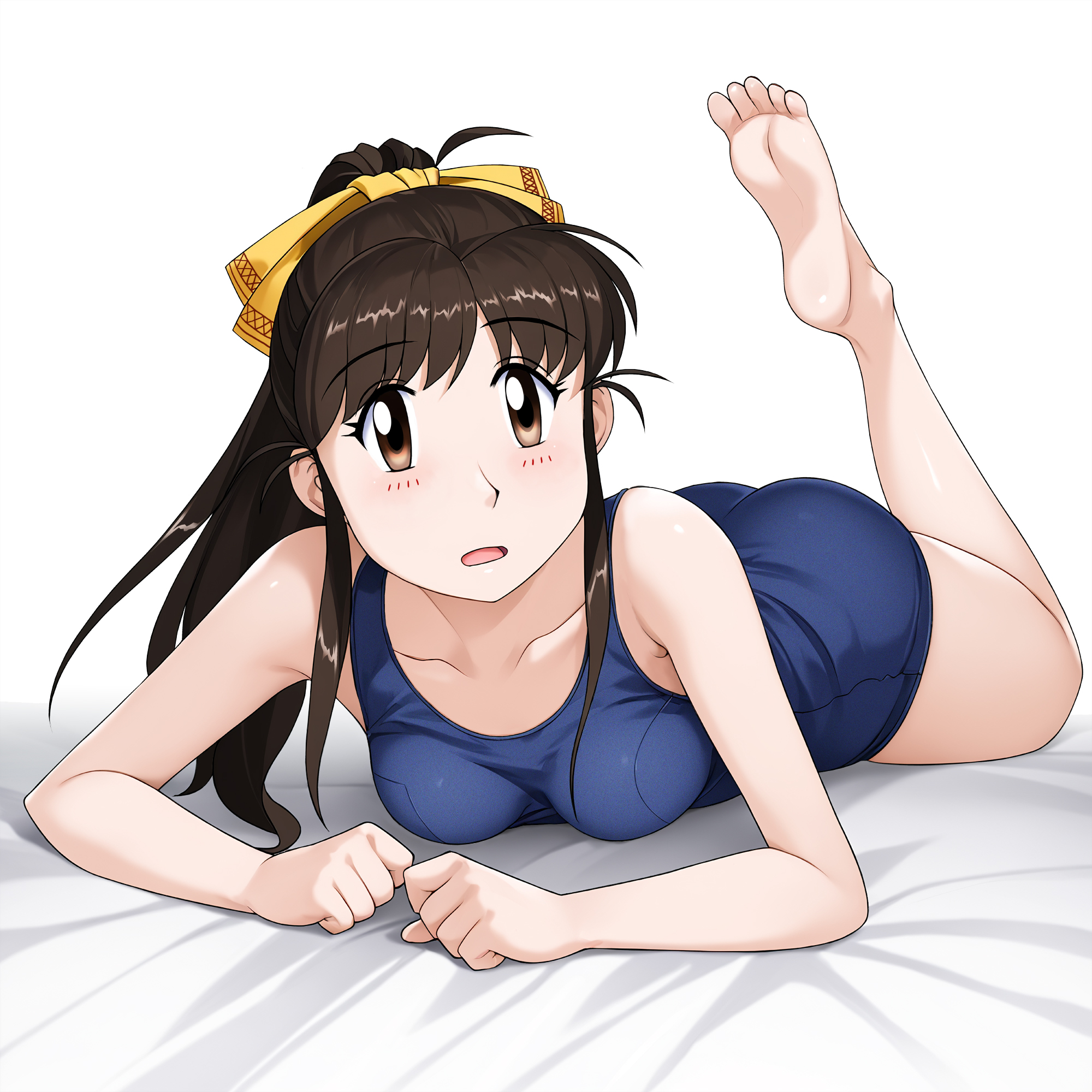neopure, true love story, highres, 1girl, barefoot, blue one-piece swimsuit, brown eyes, brown hair, hair ribbon, long hair, lying, morishita akane, old school swimsuit, on stomach, one-piece swimsuit, ponytail, ribbon, school swimsuit, simple background, solo, swimsuit, white background, yellow ribbon