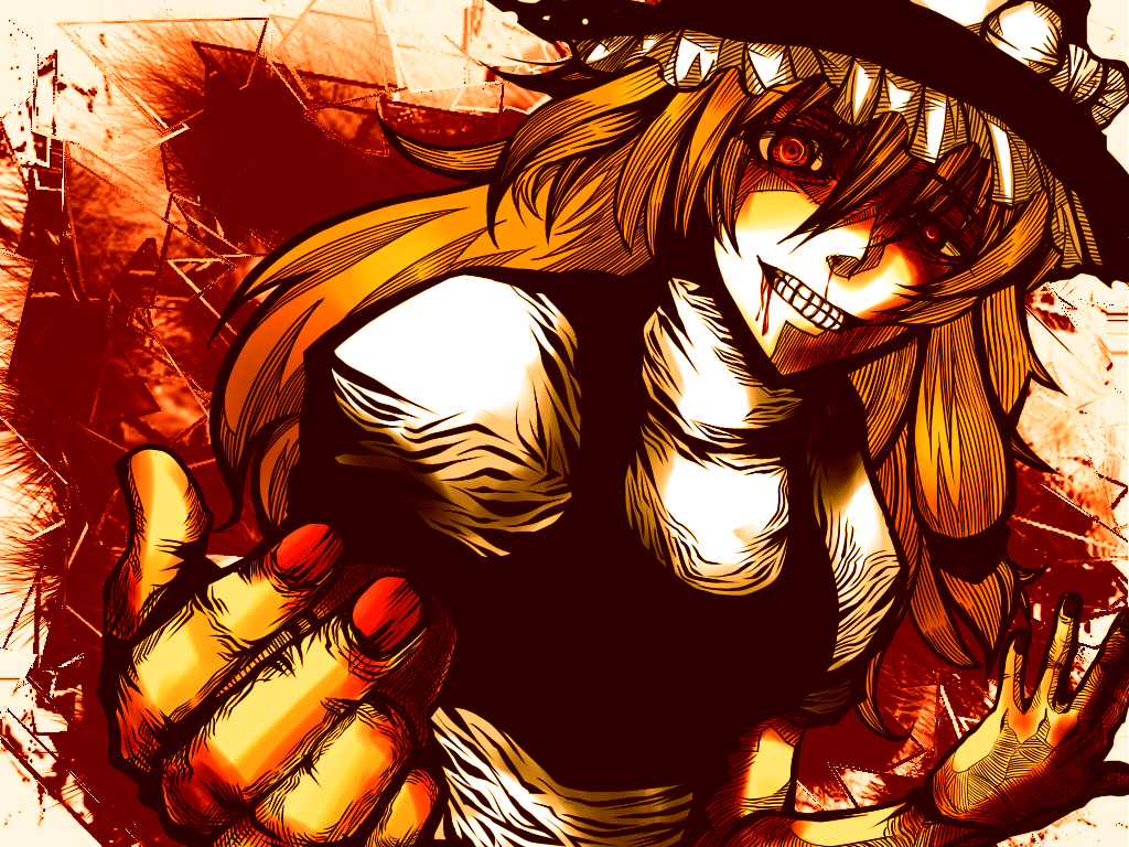 kirisame marisa, hellsing, touhou, bad id, bad pixiv id, 1girl, blonde hair, female focus, hat, parody, red eyes, solo, teeth, upper body