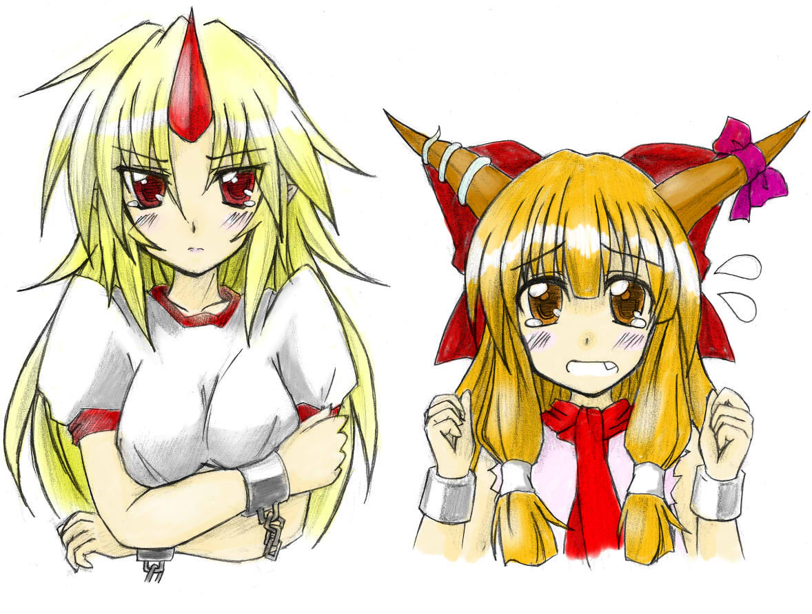 eku, hoshiguma yuugi, ibuki suika, touhou, colorized, 2girls, blonde hair, blush, chain, female focus, horns, long hair, multiple girls, red eyes, sketch