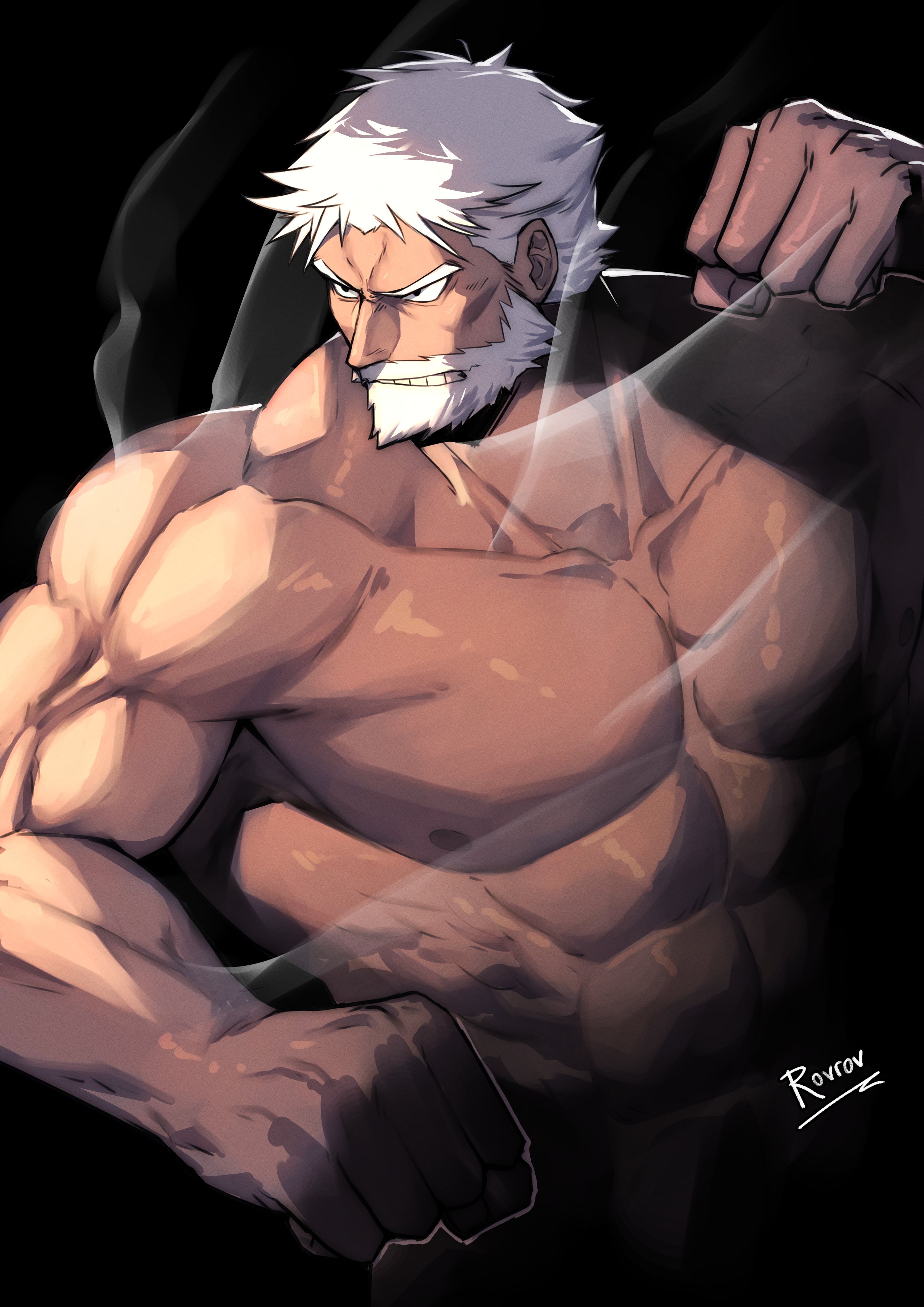 sanda (itagaki paru), absurdres, commentary, english commentary, highres, 1boy, abs, bara, beard, clenched hands, collarbone, connected beard, facial hair, full beard, large pectorals, male focus, muscular, muscular male, nipples, old, old man, pectorals, rovrov, santa claus (sanda), short hair, solo, white hair