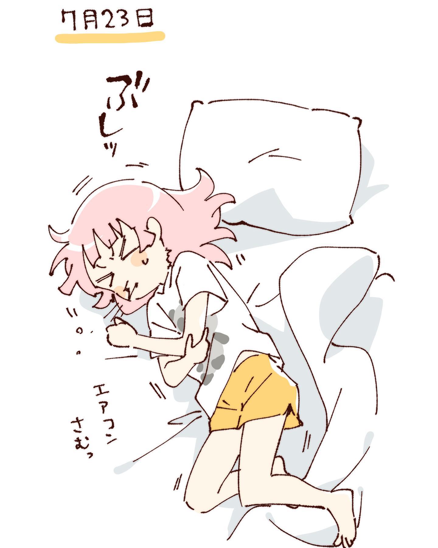 namori, yoshikawa chinatsu, yuruyuri, hashtag-only commentary, highres, translation request, > <, 1girl, barefoot, blush stickers, closed eyes, closed mouth, full body, hair down, lying, on bed, on side, pillow, pink hair, shirt, short hair, short sleeves, shorts, simple background, sneezing, solo, white background, white shirt, yellow shorts